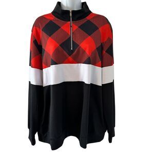 Color Block Buffalo Plaid Red Black White Quarter Zip Pullover Top Size XL